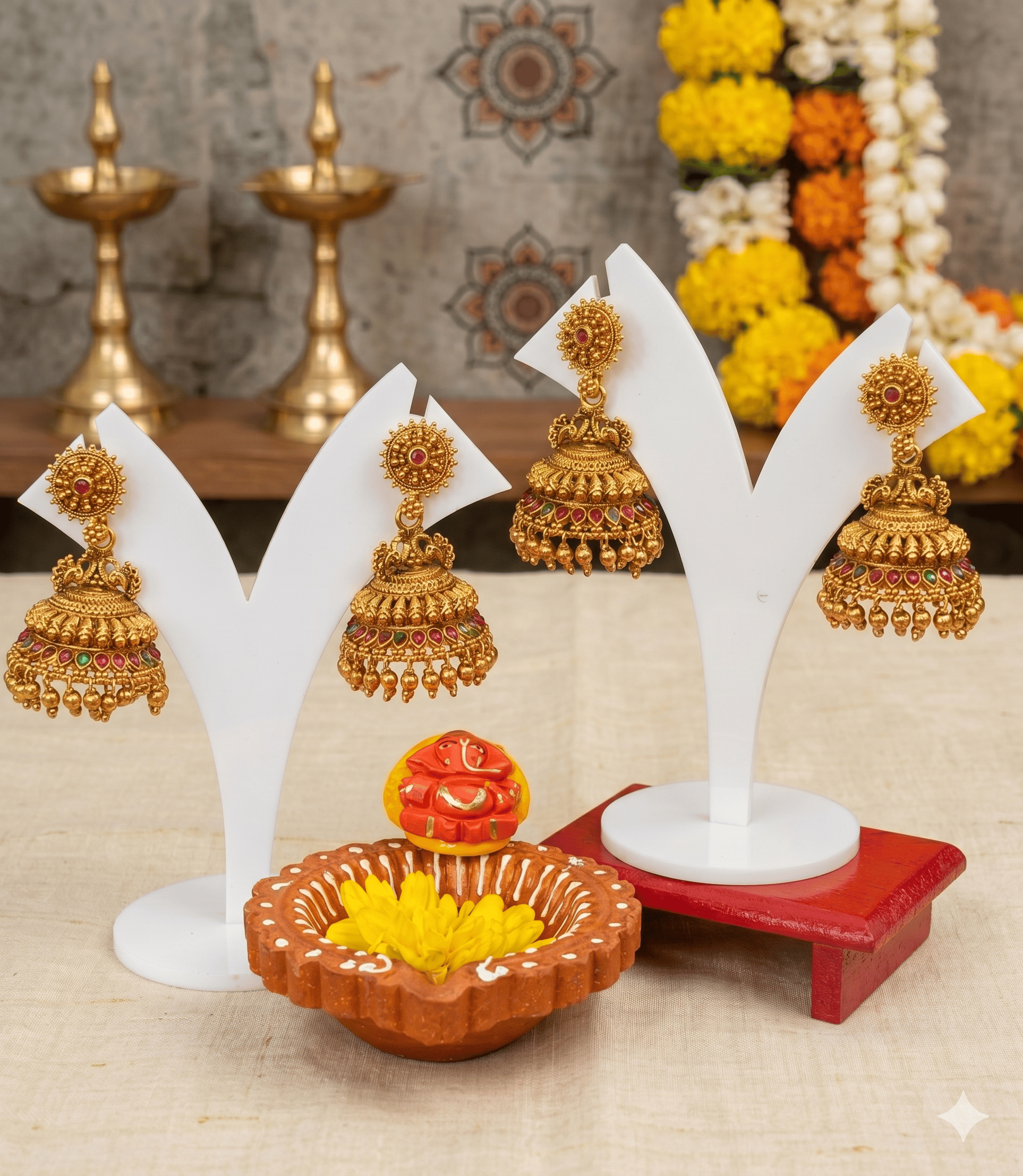 6623 - Traditional South Indian Matte Gold Sunburst Floral Temple Jhumka Earrings with Kemp Stones