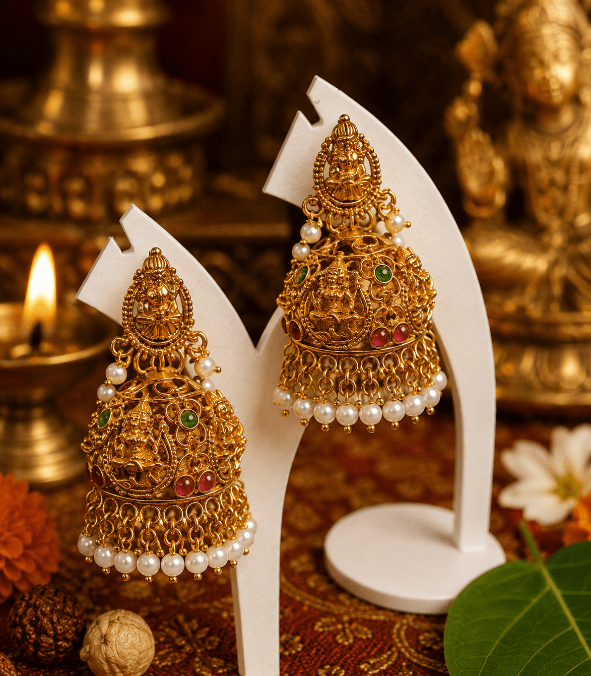 6621 -Traditional South Indian Antique Matte Gold Lakshmi Temple Guttapusalu Style Jhumka Earrings with Clustered Pearls / Traditional Antique Gold Lakshmi Pearl Temple Jhumka Earrings with Ruby Green Stones