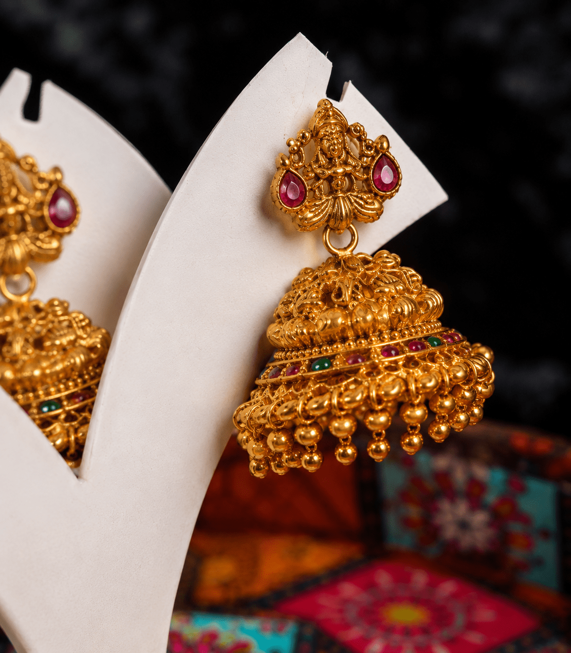 6620 Traditional South Indian Antique Gold Plated Lakshmi Temple Jhumka Earrings with Ruby Stones / Divine Lakshmi Heritage Temple Jhumkas – Antique Matte Gold
