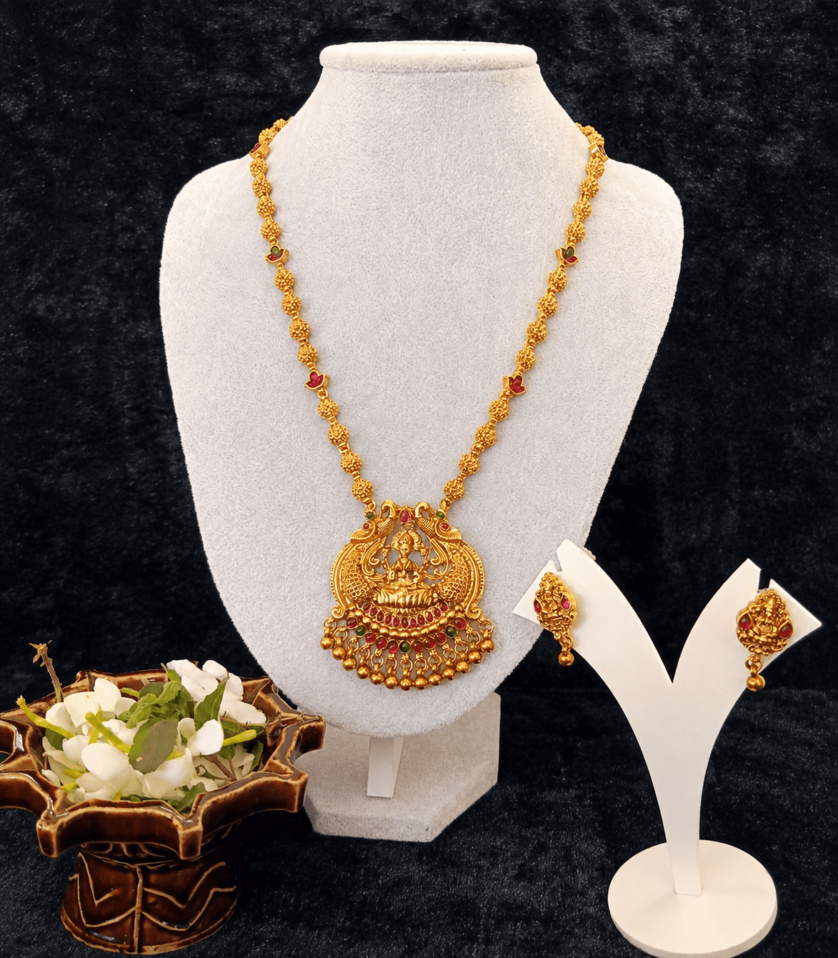 6603-long-temple-ball-design-chain-with-lakshmi-devi-peacock-pendant