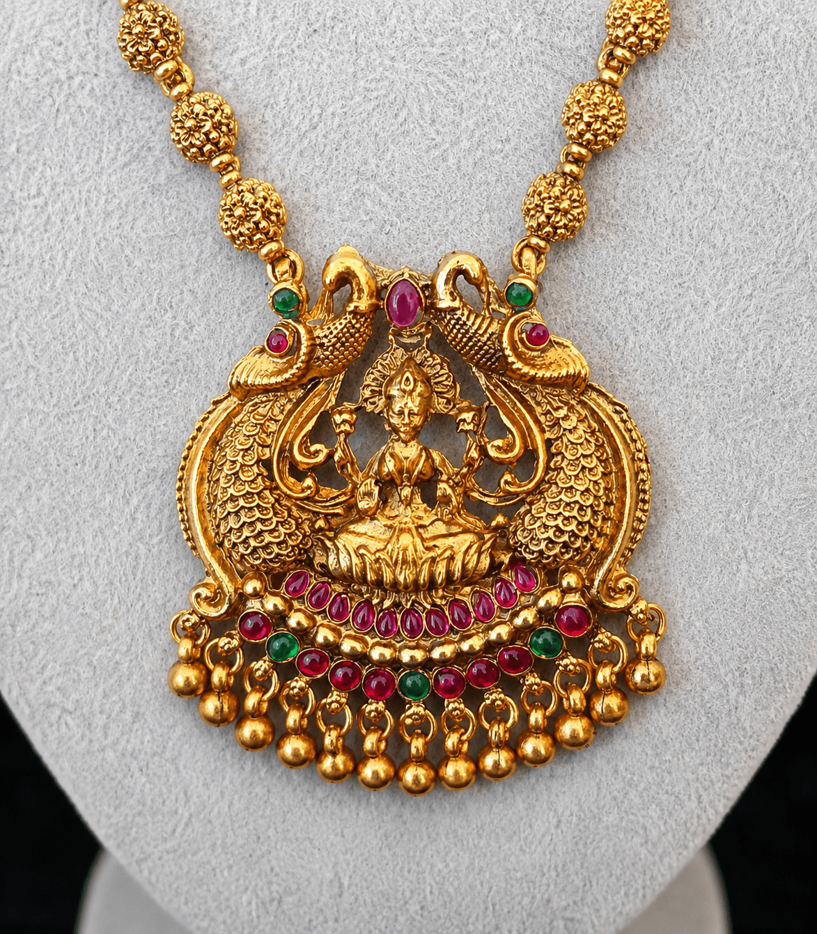 6603-long-temple-ball-design-chain-with-lakshmi-devi-peacock-pendant