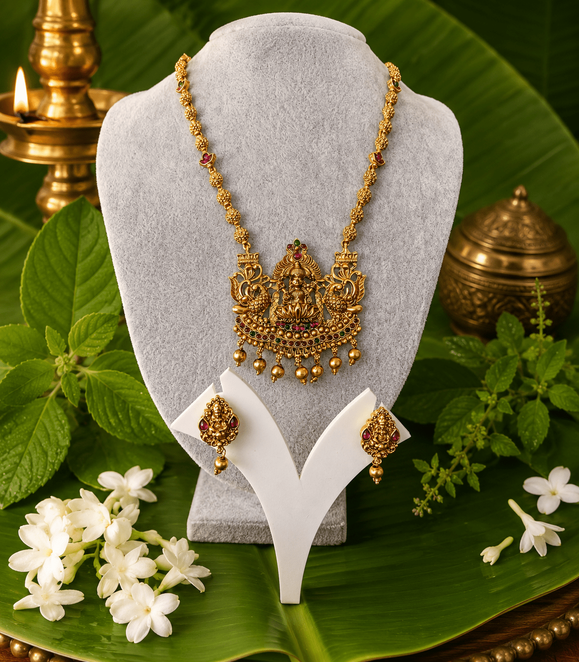 6616 - Sri Mahalakshmi Peacock Haram Set | Traditional South Indian Kemp Red Stone Mala Jewellery with Stud Earrings