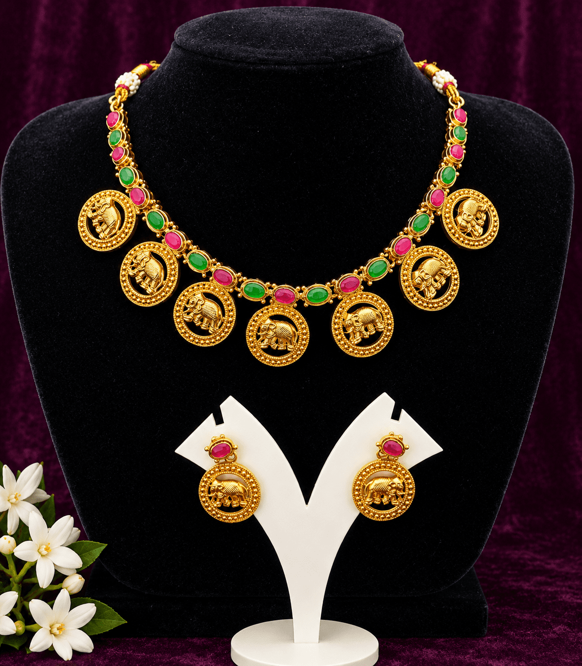 6605 - Elephant Coin kemp Stone Short Jewellery with Matching Studs | Premium Antique Finish Elephant Motif Short Necklace Set