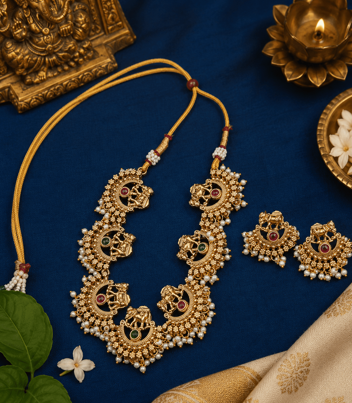 6606 Elephant Guttapusalu Choker Necklace Set with Pearl Clusters |The Royal Gaja Heritage Elephant Matte Choker Set