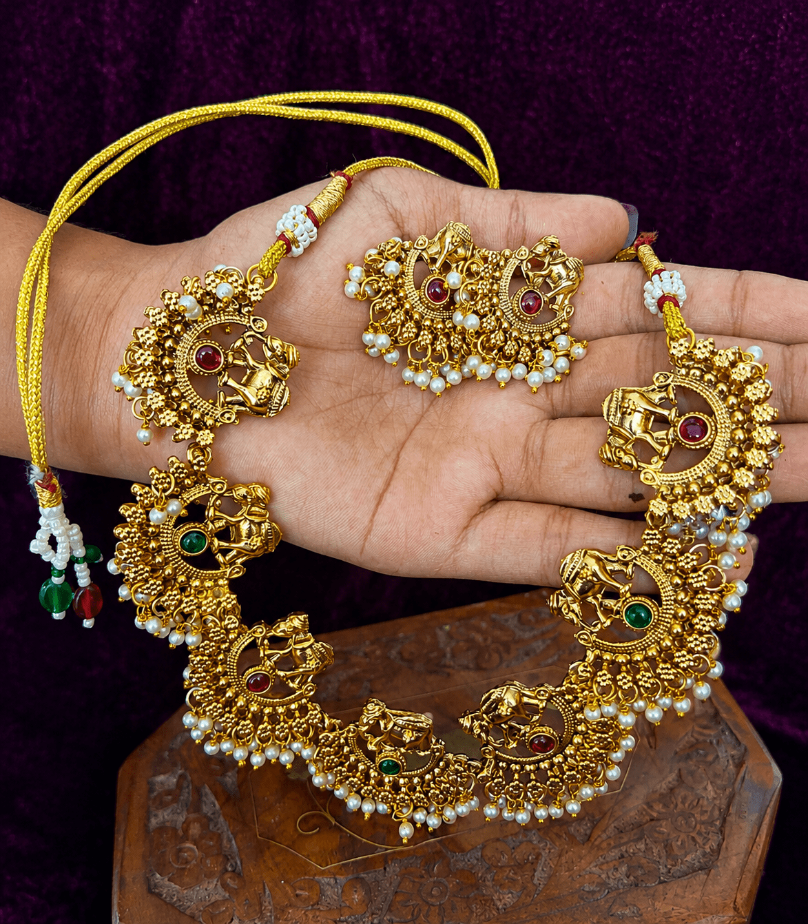6606 Elephant Guttapusalu Choker Necklace Set with Pearl Clusters |The Royal Gaja Heritage Elephant Matte Choker Set