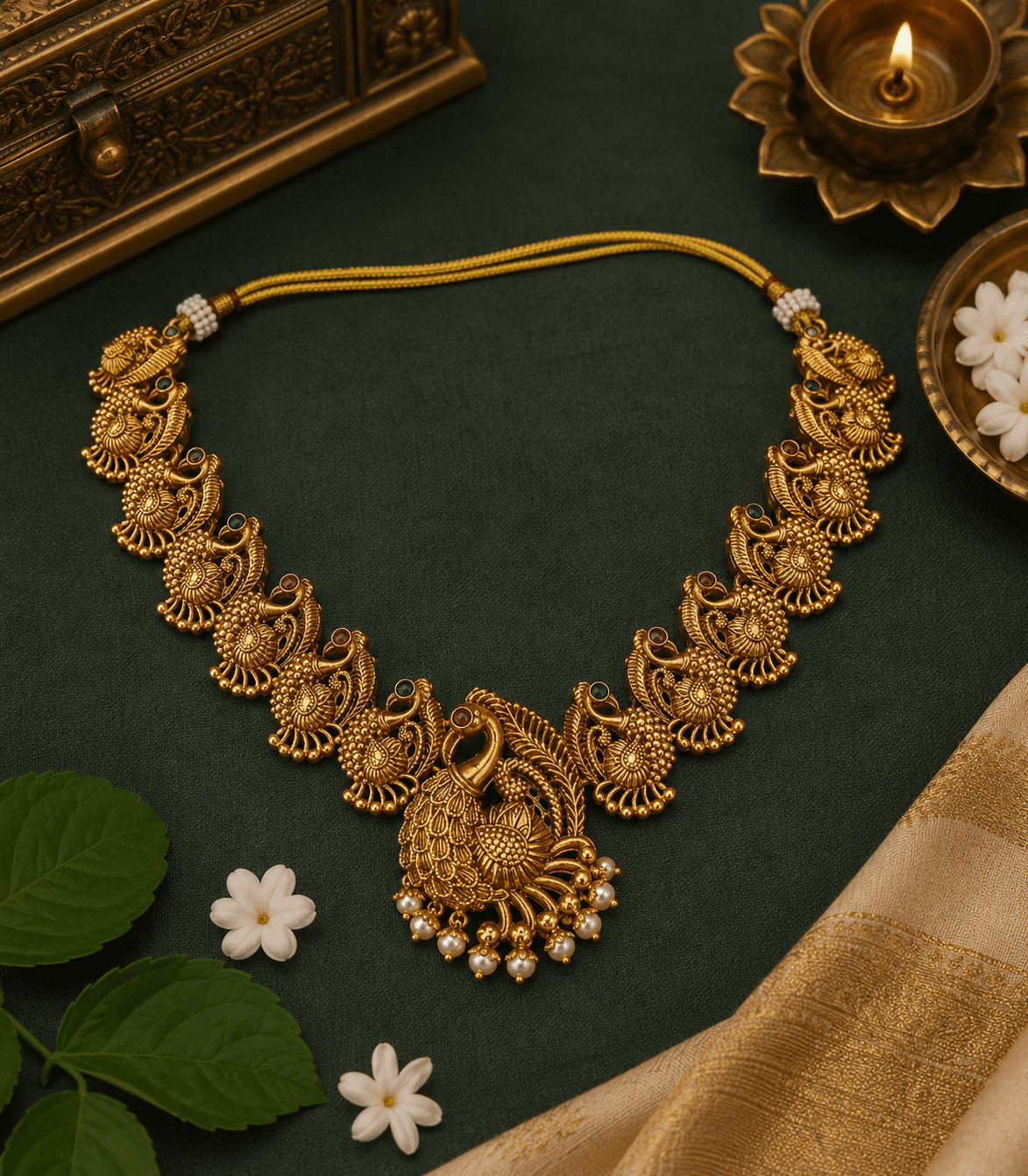 6609 Peacock Temple Choker Necklace Set with Pearl Drops |The Royal Mayura Heritage Antique Peacock Choker Set