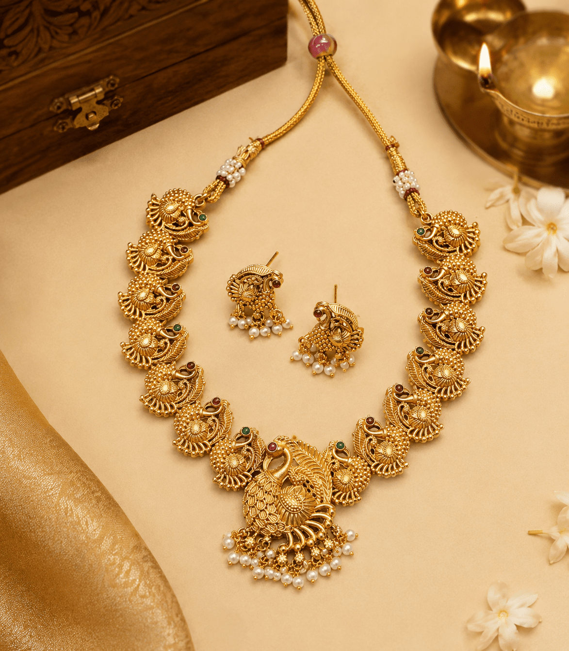 6609 Peacock Temple Choker Necklace Set with Pearl Drops |The Royal Mayura Heritage Antique Peacock Choker Set