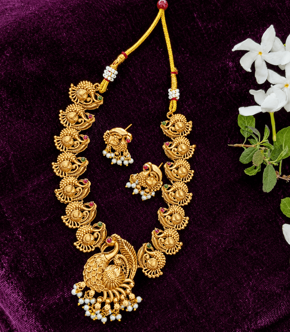 6609 Peacock Temple Choker Necklace Set with Pearl Drops |The Royal Mayura Heritage Antique Peacock Choker Set