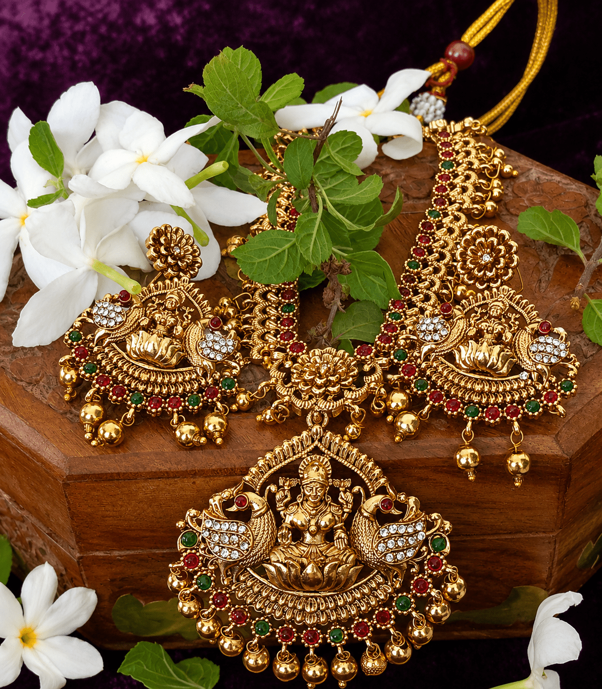 6607 Lakshmi Peacock Temple Jewellery Long Haram Set with  Earrings | Traditional South Indian Bridal Kemp Stones Haar