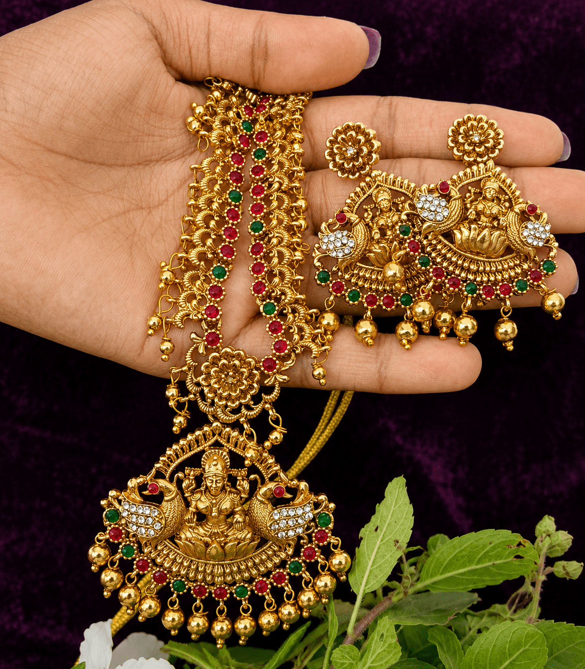 6607 Lakshmi Peacock Temple Jewellery Long Haram Set with  Earrings | Traditional South Indian Bridal Kemp Stones Haar