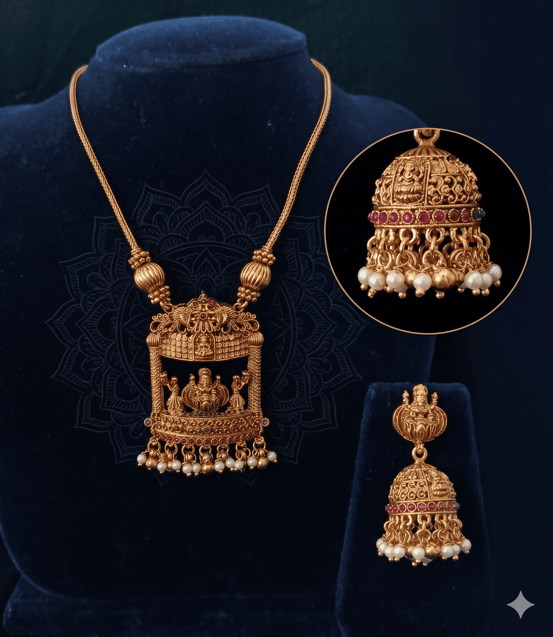 5602 Matte Gold Finish Lakshmi Temple Jewellery Set with Hanging Pearl Jhumkas / Divine Lakshmi Mantapam Temple Necklace with Jhumka Set