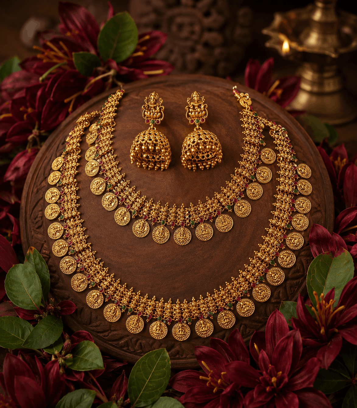 6615 -Traditional Kasu Mala Temple Jewellery Combo Set with Jhumka