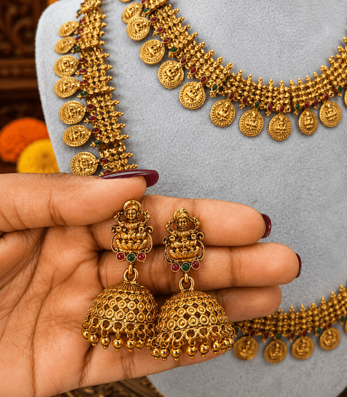 6615 -Traditional Kasu Mala Temple Jewellery Combo Set with Jhumka