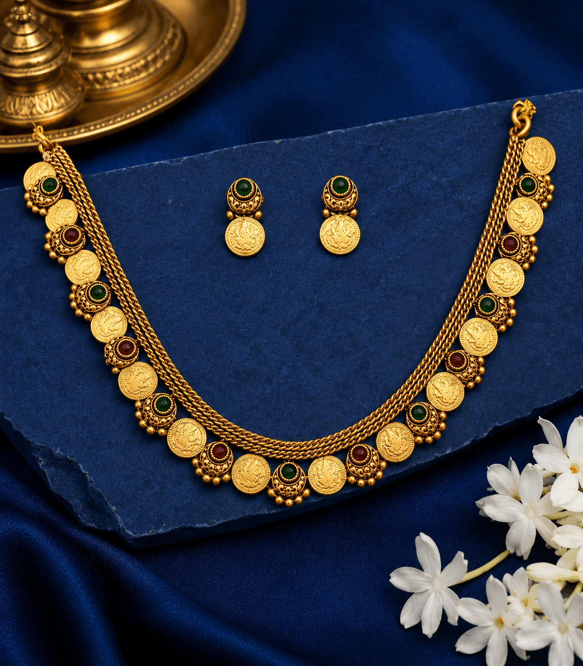 6611 Lakshmi Kaashu mala with Ruby & Green Stone Chocker