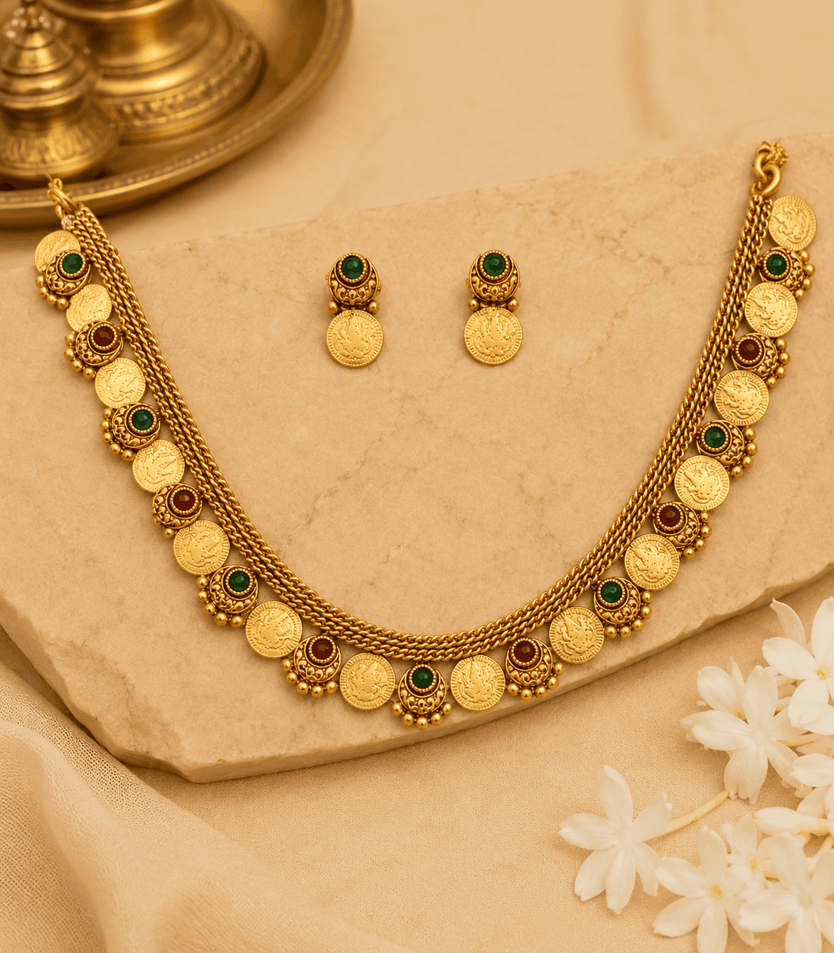 6610 Lakshmi Kaashu mala with Ruby & Green Stone Chocker