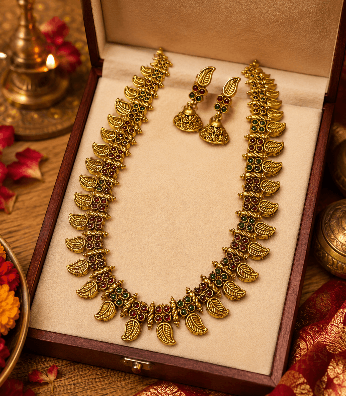 5616 Traditional Antique Gold Leaf Design Necklace Set with Jhumka Earrings