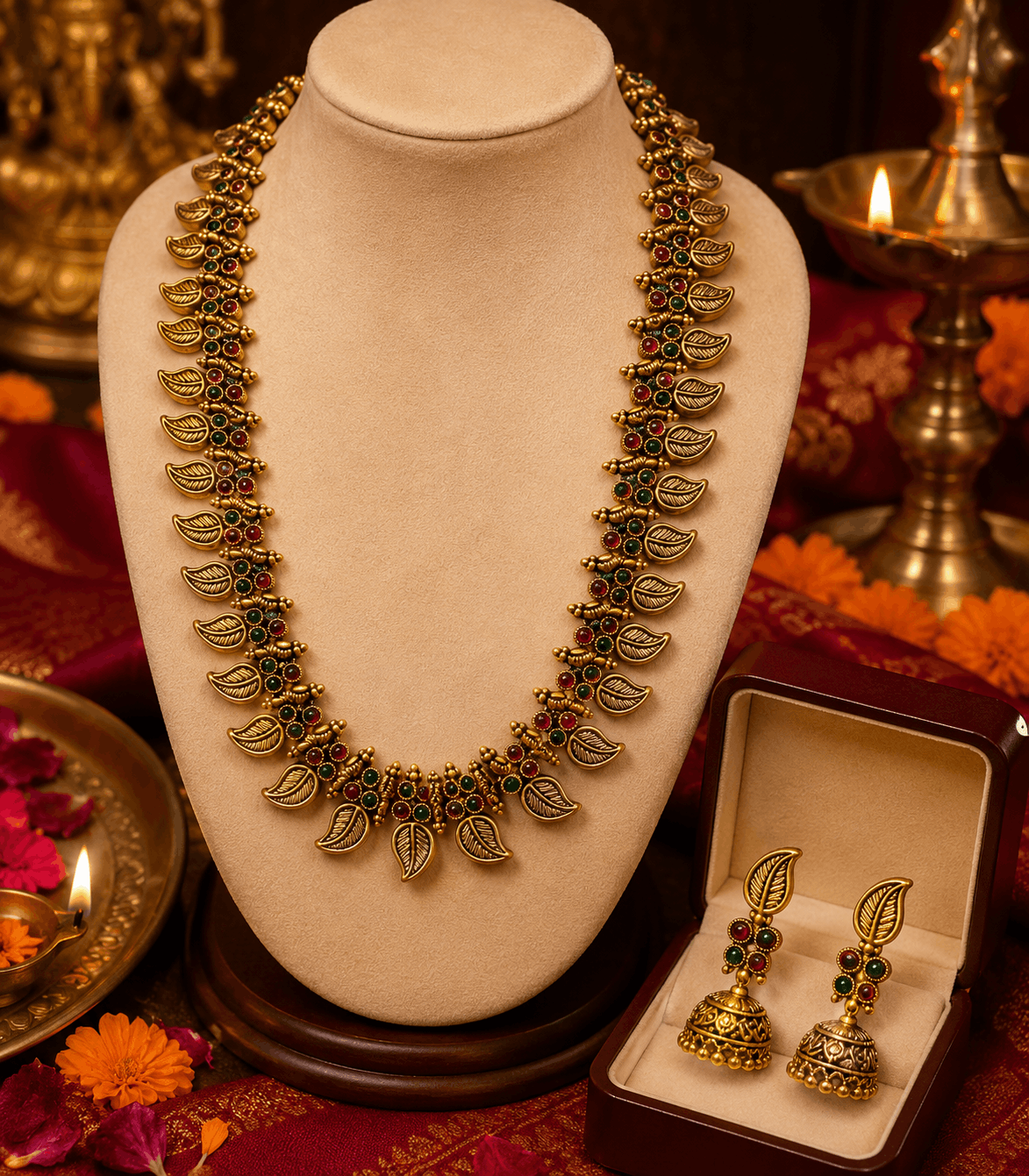 5616 Traditional Antique Gold Leaf Design Necklace Set with Jhumka Earrings