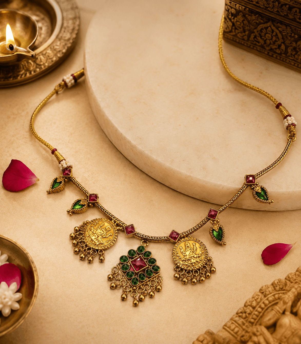 5615C  Antique Gold-Plated Goddess Lakshmi Kasu Coin Necklace