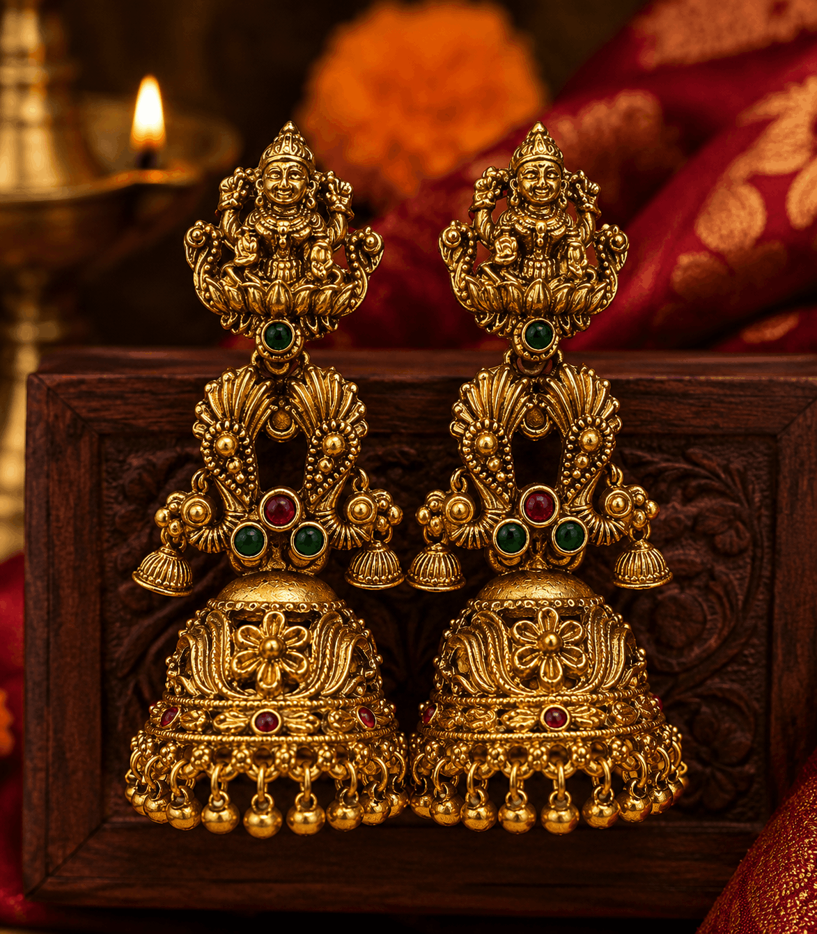 6624 - Antique Gold Lakshmi Jhumkas with Ruby & Green Stone Work