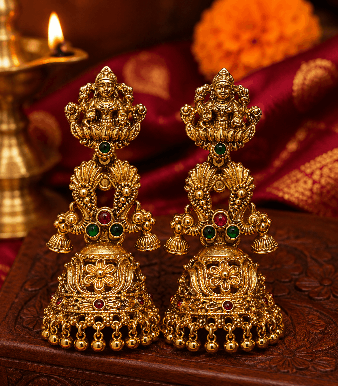 6624 - Antique Gold Lakshmi Jhumkas with Ruby & Green Stone Work
