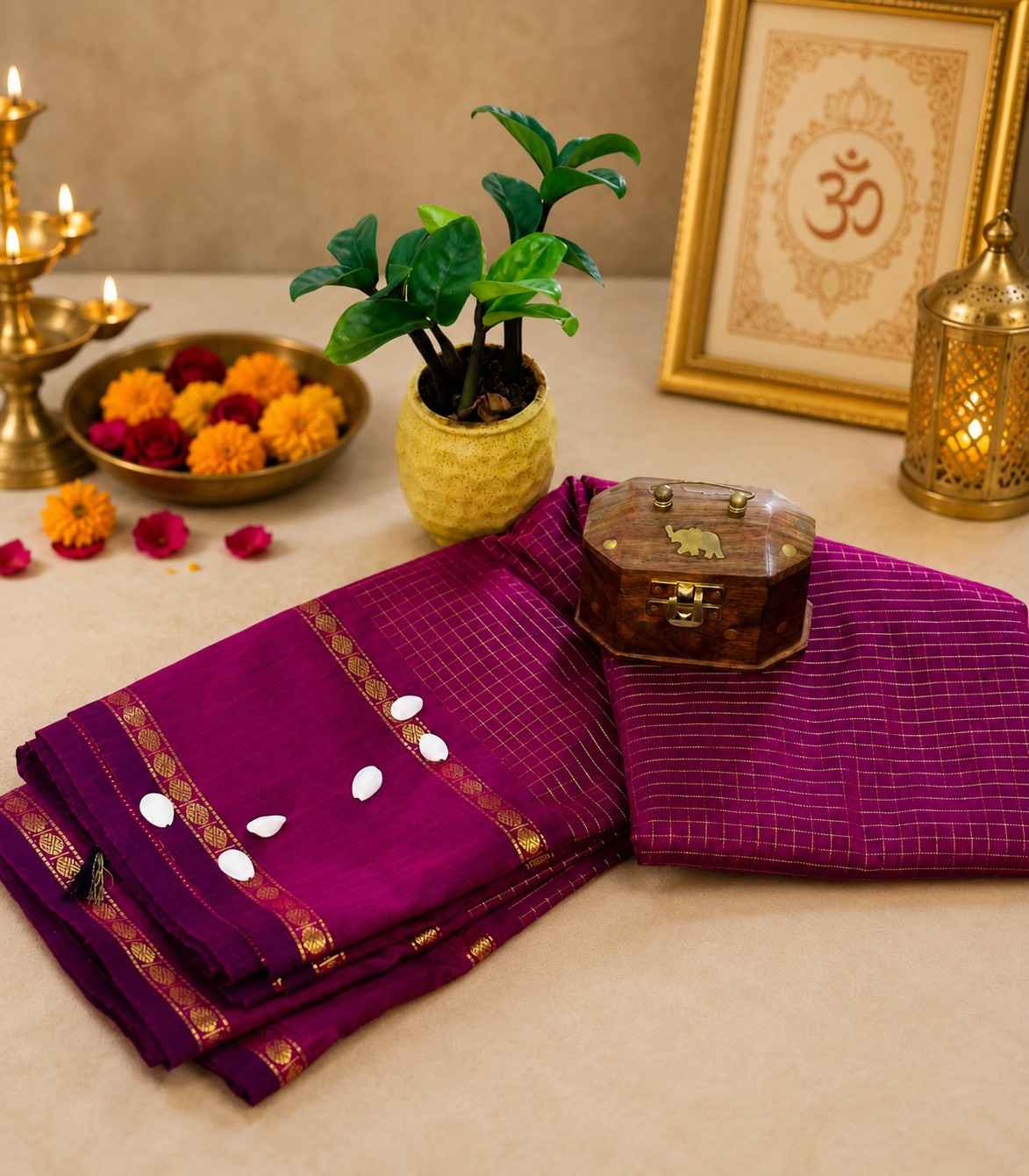2202 Premium Checked Purple Cotton Silk Saree