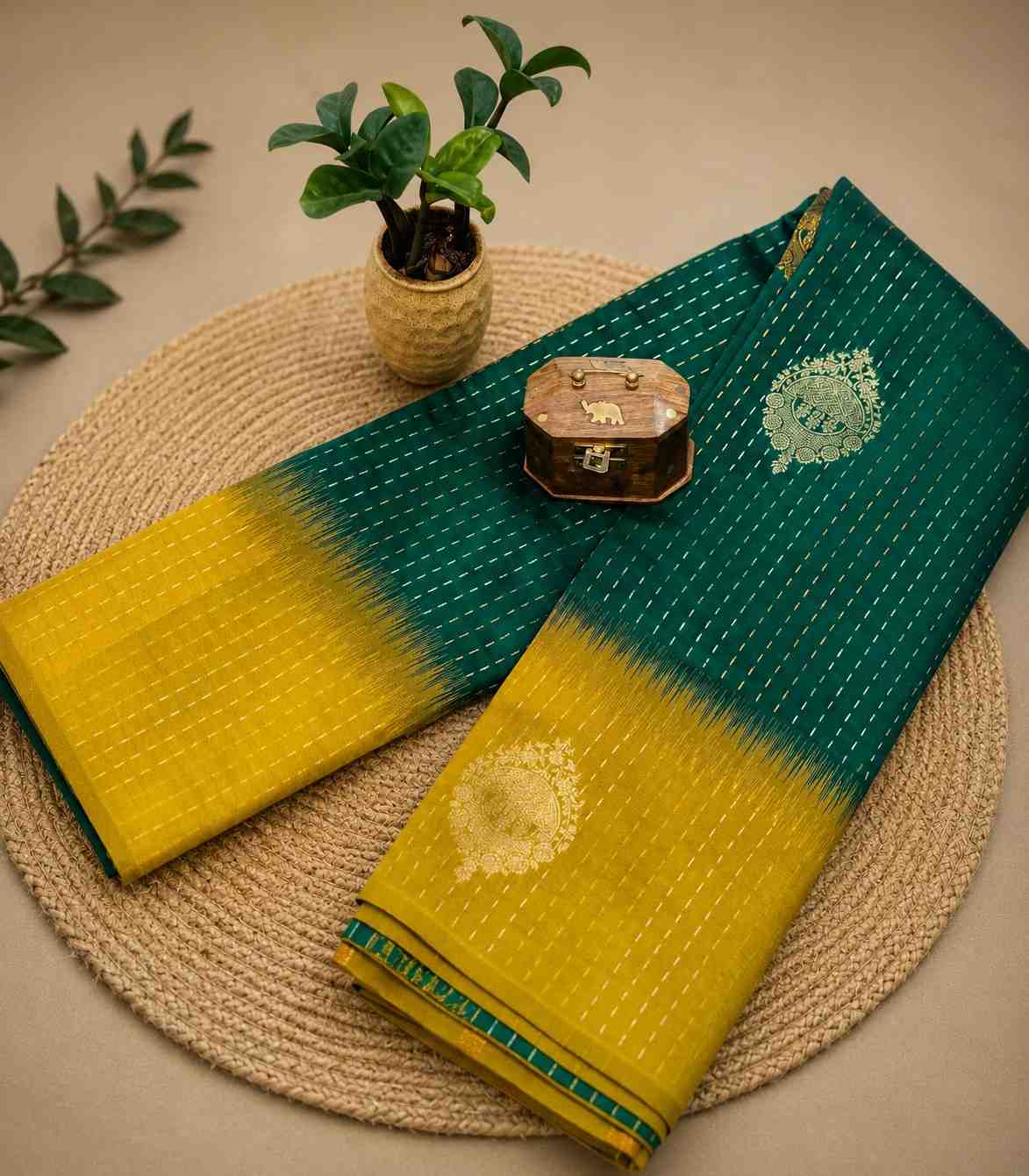 2204 Small Checks Soft Silk Saree - Green with Mustard Yellow