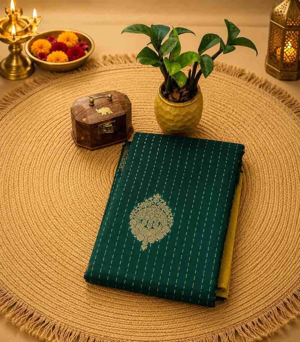 2204 Small Checks Soft Silk Saree – Green with Mustard Yellow