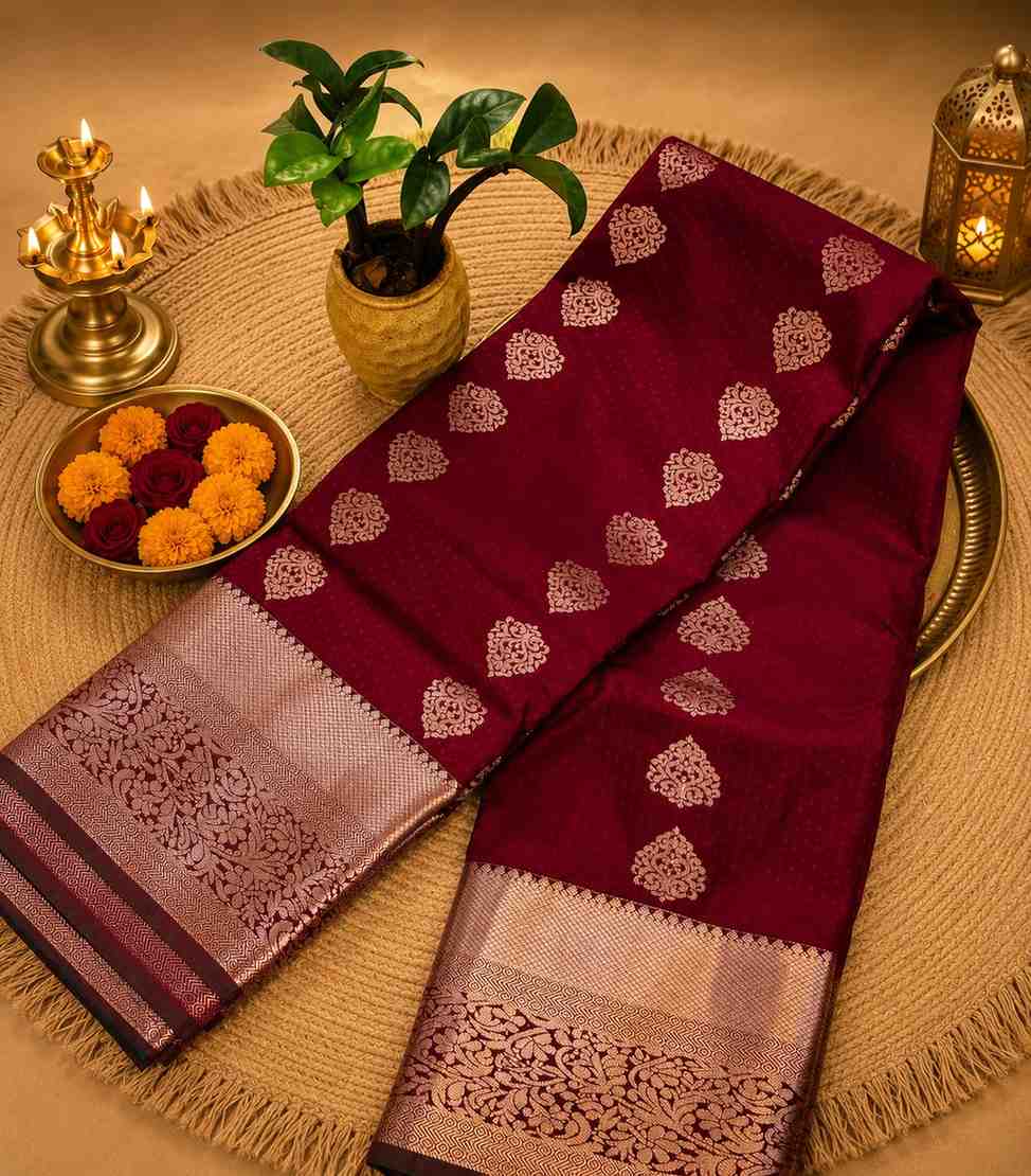 2205 Deep Maroon Kanchipuram Semi Silk Saree in Contrasting Teal Zari