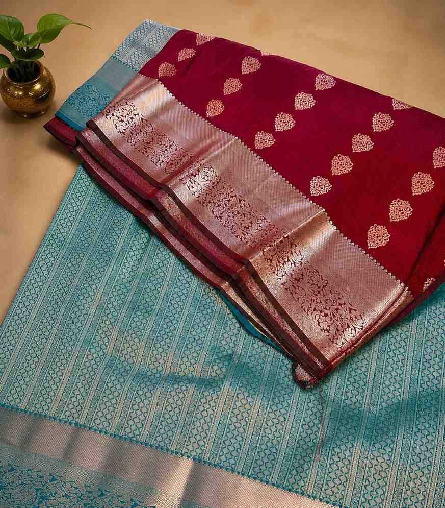 2205 Deep Maroon Kanchipuram Semi  Silk Saree in Contrasting Teal Zari