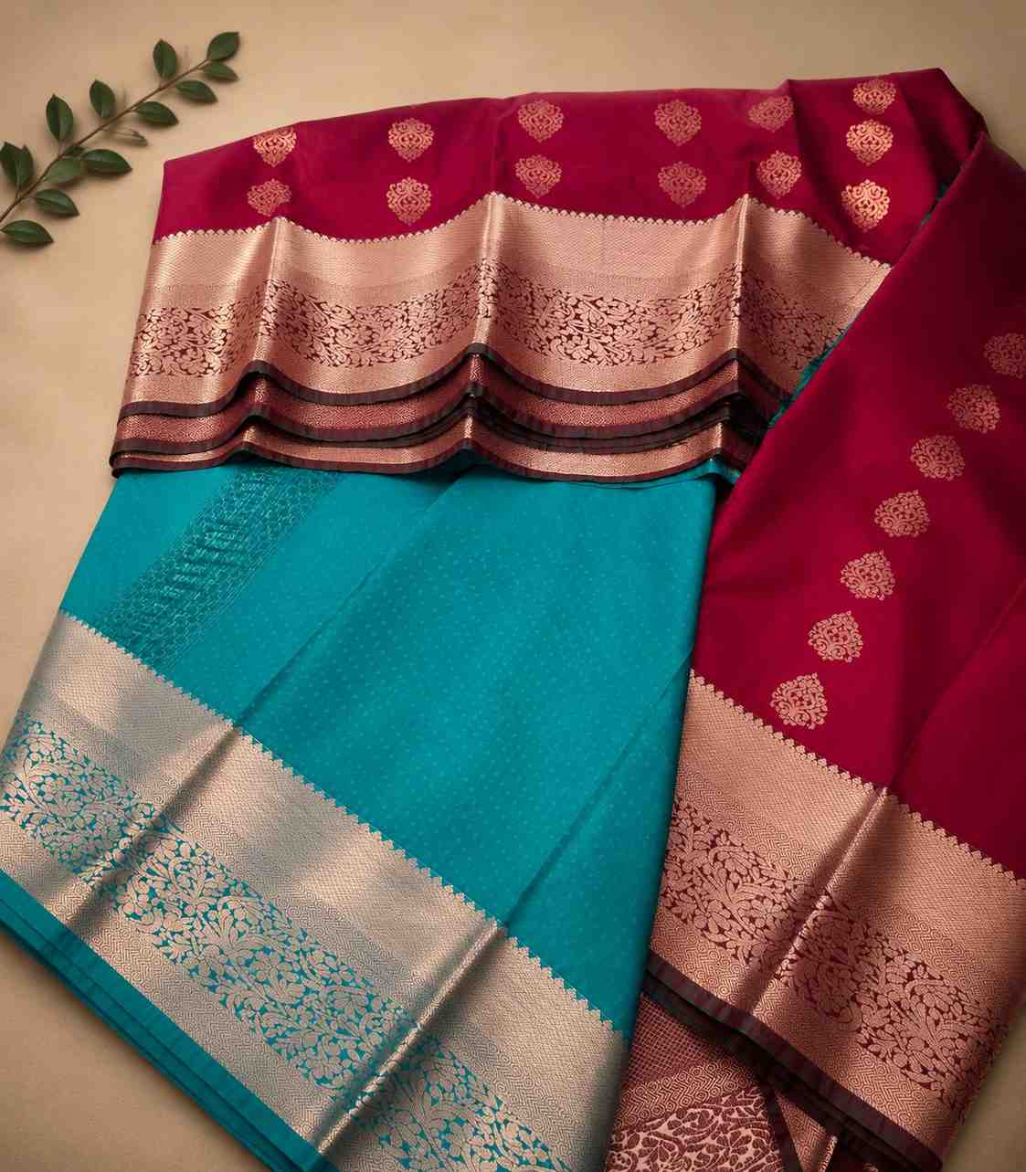 2205 Deep Maroon Kanchipuram Semi Silk Saree in Contrasting Teal Zari