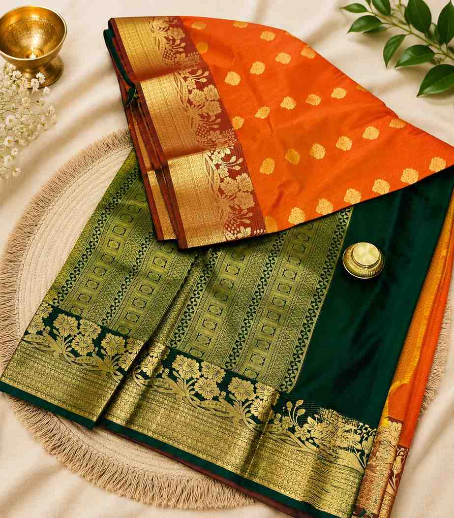 2207 Traditional Orange and Green Kanchipuram Semi Silk Saree with Rich Gold Zari Border