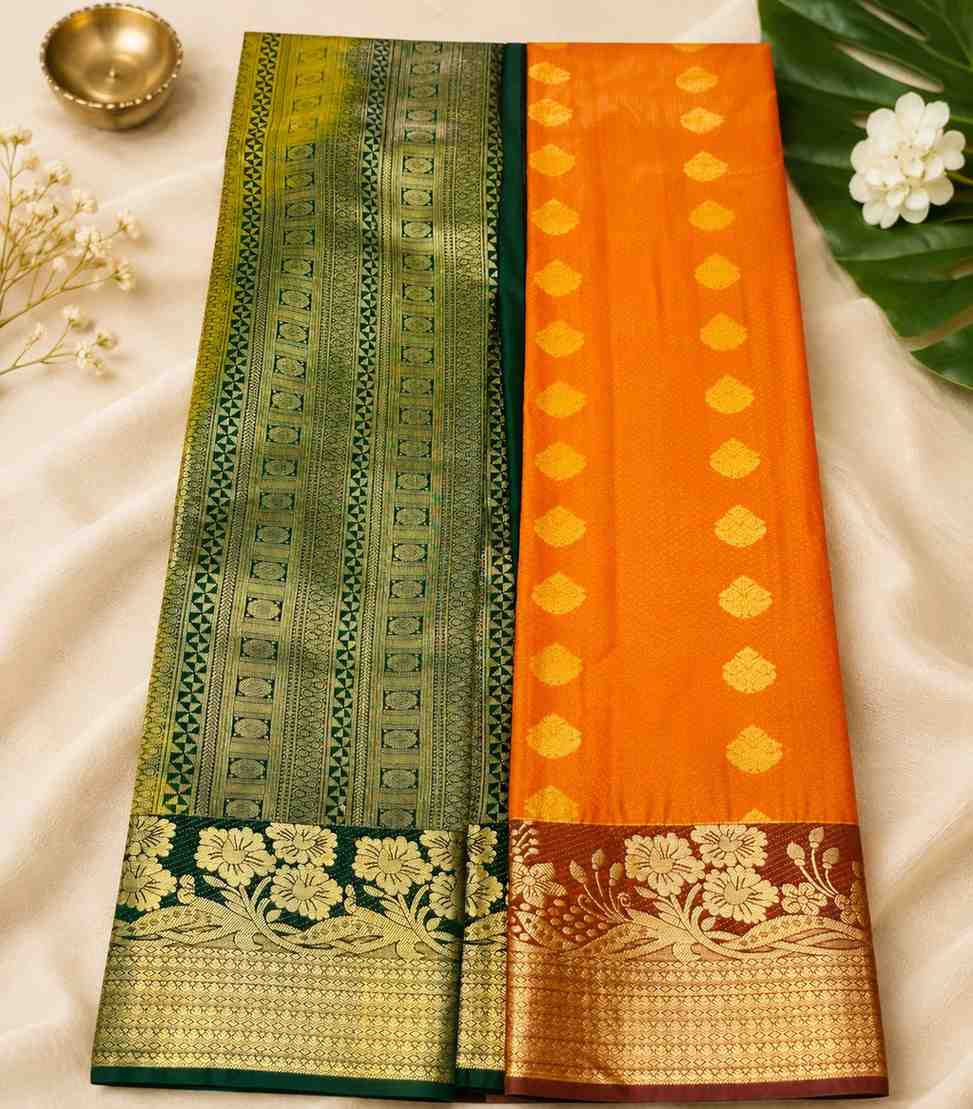 2207 Traditional Orange and Green Kanchipuram Semi Silk Saree with Rich Gold Zari Border