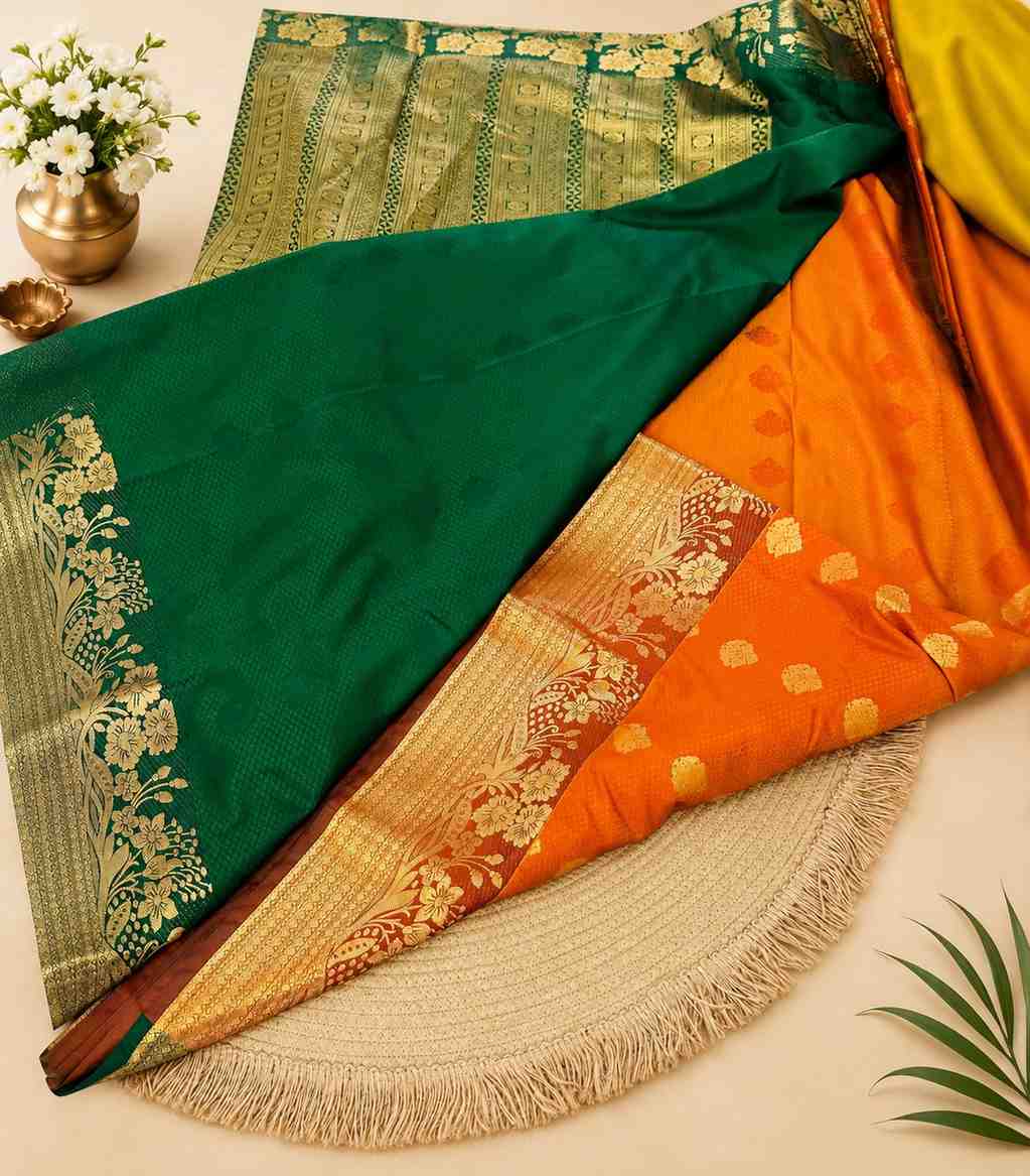 2207 Traditional Orange and Green Semi Kanchipuram Silk Saree with Rich Gold Zari Border