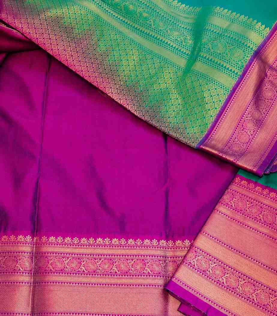 2206 Sea Green and Magenta Semi Gadwal Silk Saree with Zari Buttas and Rich Contrast Border