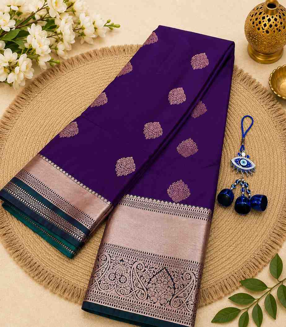 2208 Regal Purple Kanjivaram Semi Silk Saree with Rose Gold Zari Border and Butta Work