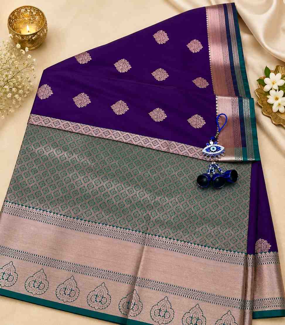 2208 Regal Purple Kanjivaram Semi Silk Saree with Rose Gold Zari Border and Butta Work