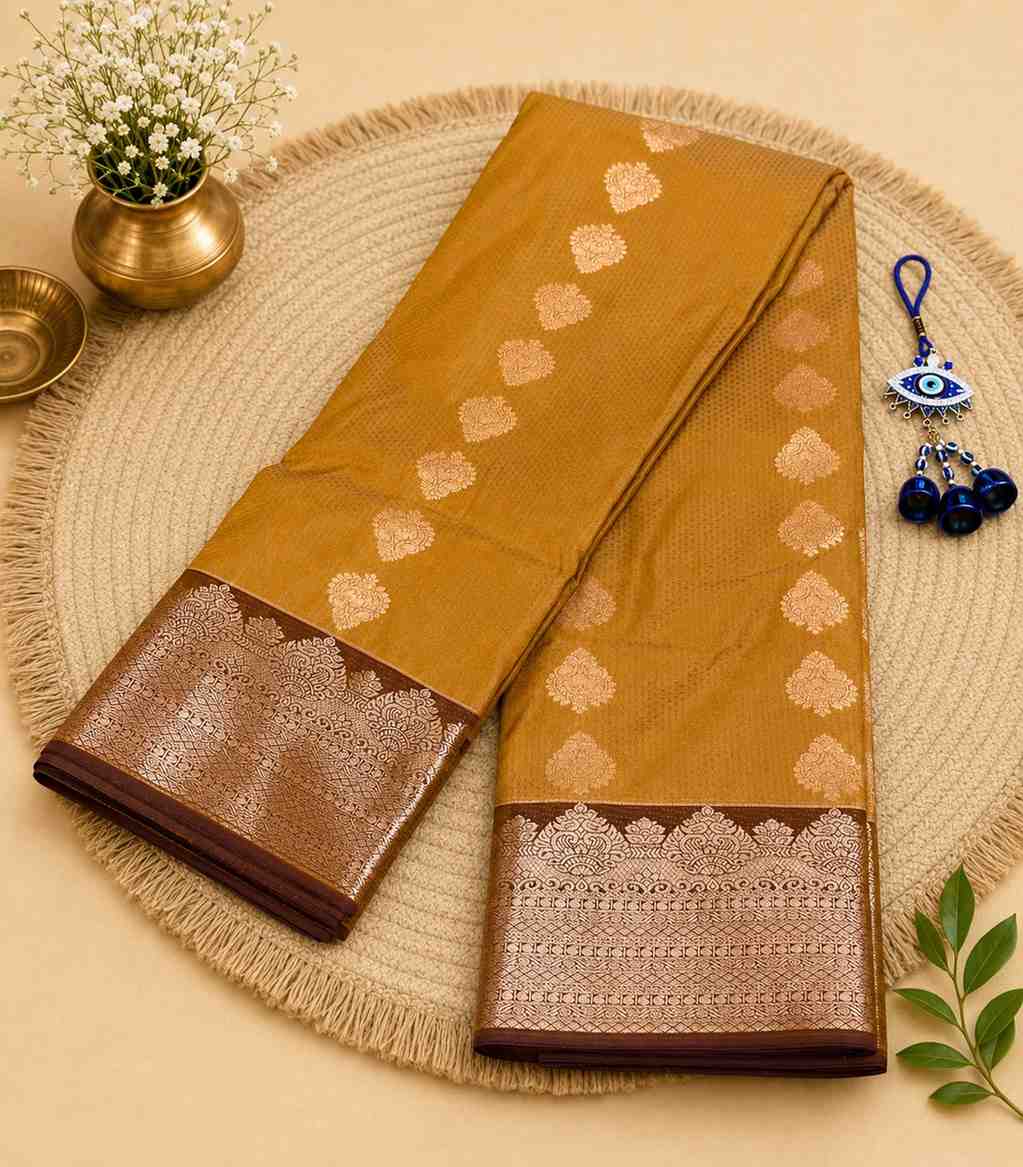 2209 Mustard Yellow and Purple Kanchipuram Semi Silk Saree with rich Zari Woven Border
