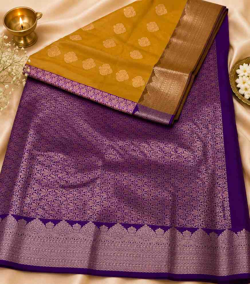 2209-mustard-yellow-and-purple-semi-kanchipuram-silk-saree-with-rich-zari-woven-border