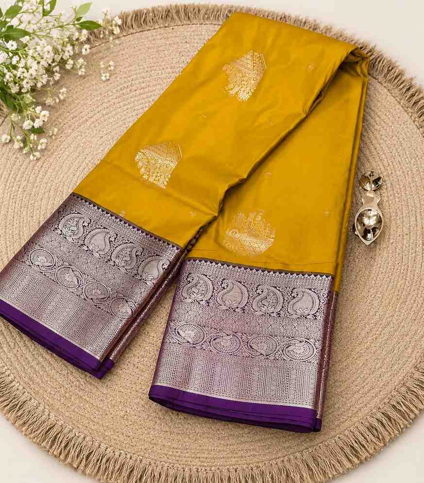 2210 Mustard Yellow and Purple Kanchipuram Style Soft Semi Silk Saree with Elegant Zari Border