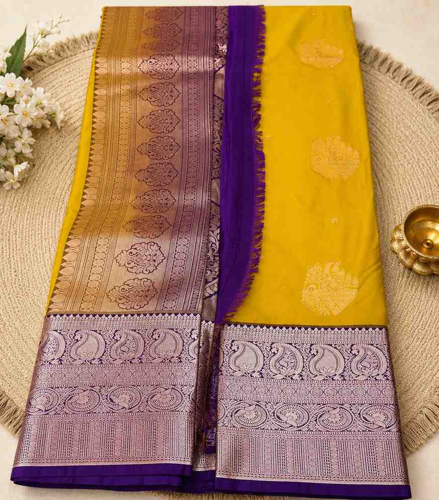 2210 Mustard Yellow and Purple Kanchipuram Style Soft  Semi Silk Saree with Elegant Zari Border