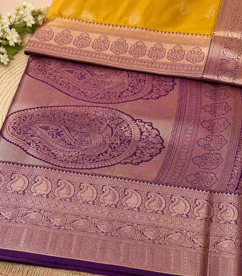 2210 Mustard Yellow and Purple Kanchipuram Style Soft  Semi Silk Saree with Elegant Zari Border