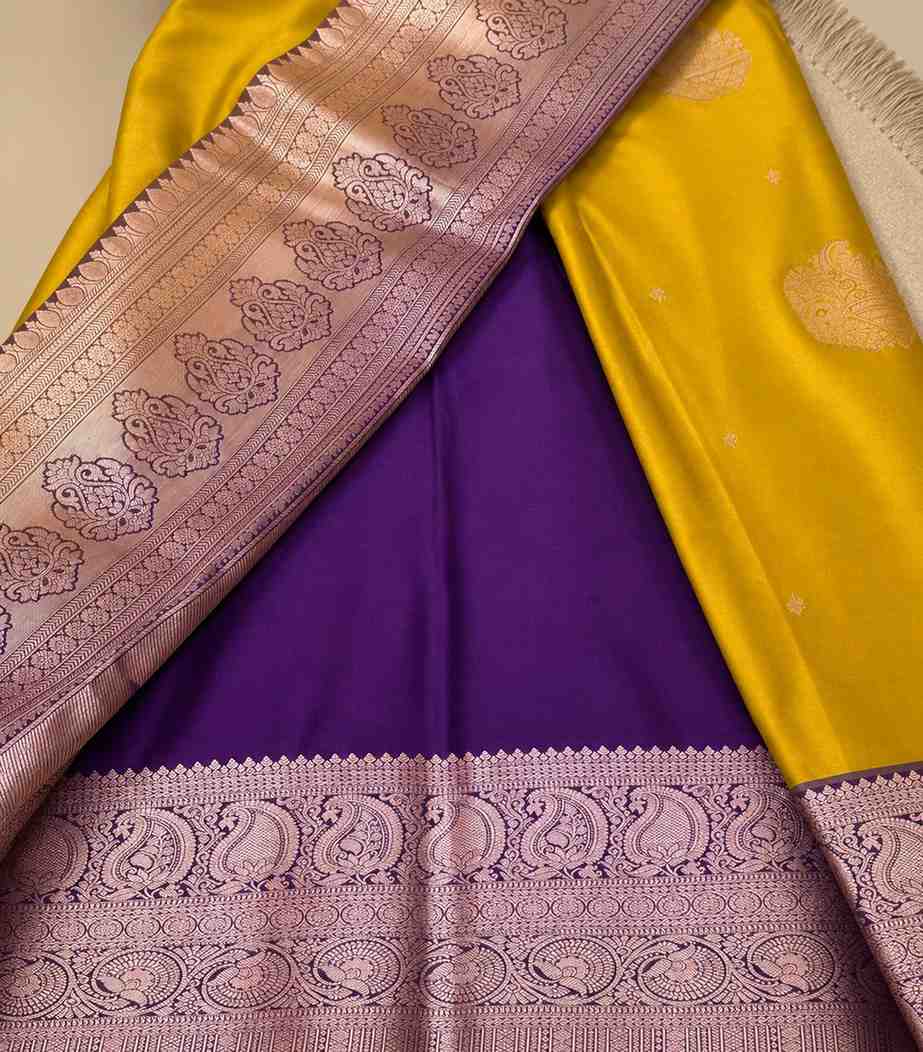 2210-mustard-yellow-and-purple-semi-kanchipuram-style-soft-silk-saree-with-elegant-zari-border