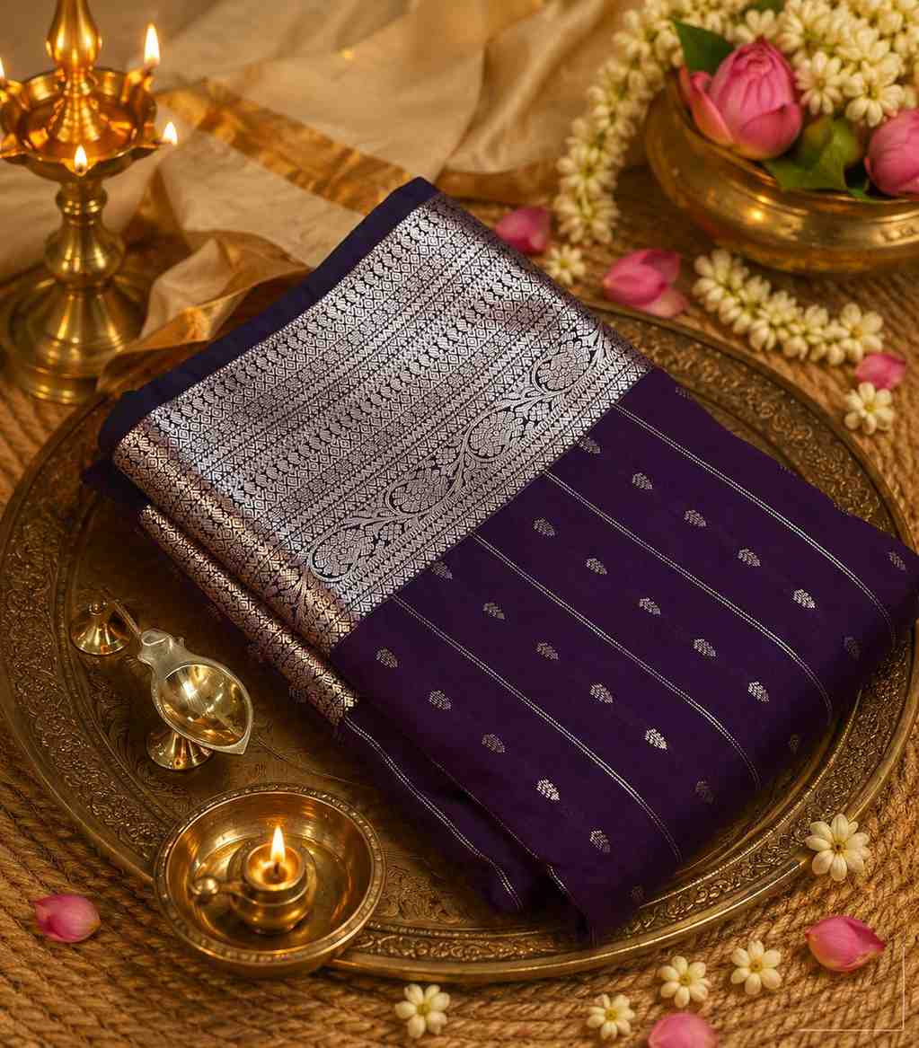 2211 Purple and Teal Semi Silk Saree with Rich Zari Border
