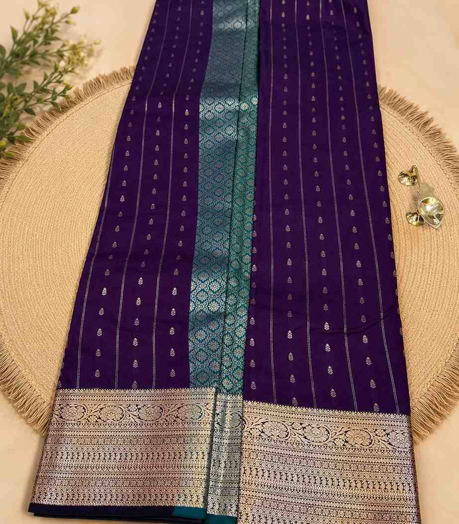 2211 Purple and Teal Semi Silk Saree with Rich Zari Border