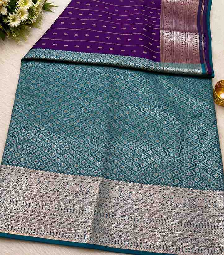 2211 Purple and Teal Semi Silk Saree with Rich Zari Border