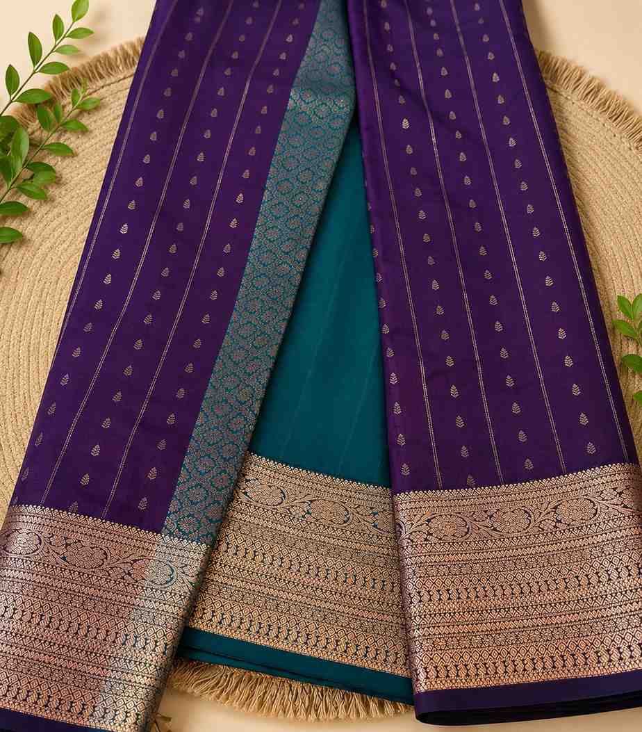 2211-purple-and-teal-semi-silk-saree-with-rich-gold-zari-border
