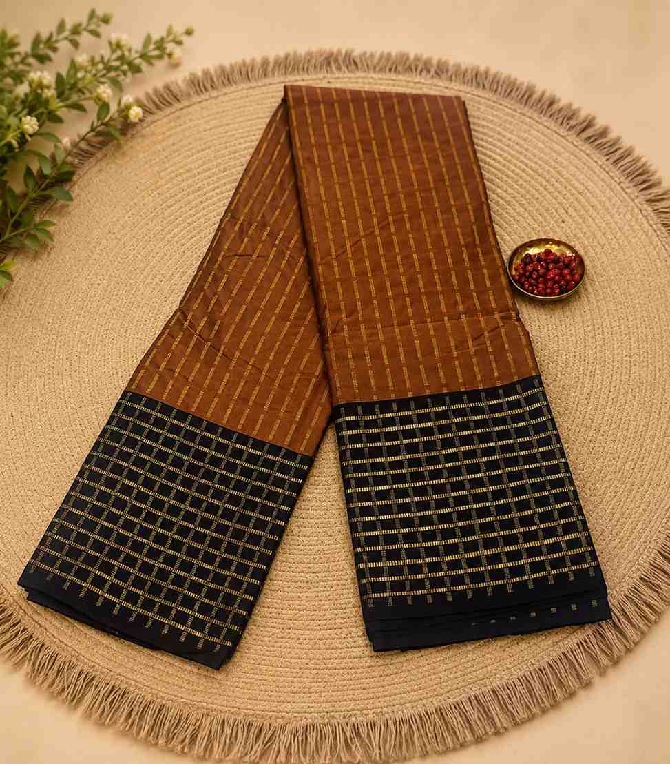 2212 Honey Gold Body with Zari Checks and the Contrasting Purple Border Saree