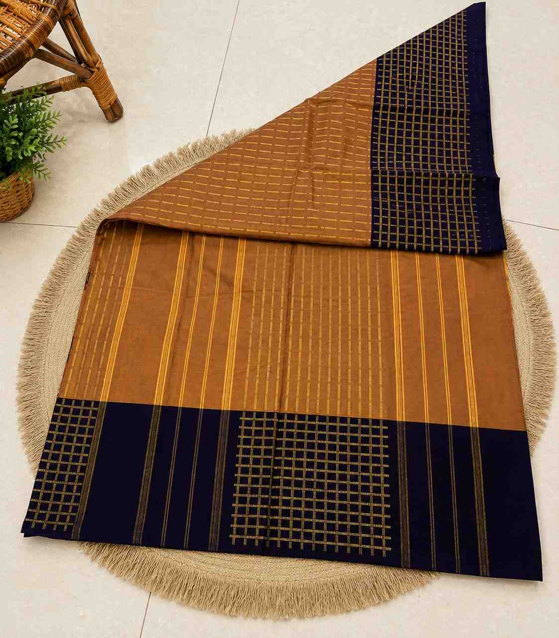 2212 Honey Gold Body with Zari Checks and the Contrasting Purple Border Saree