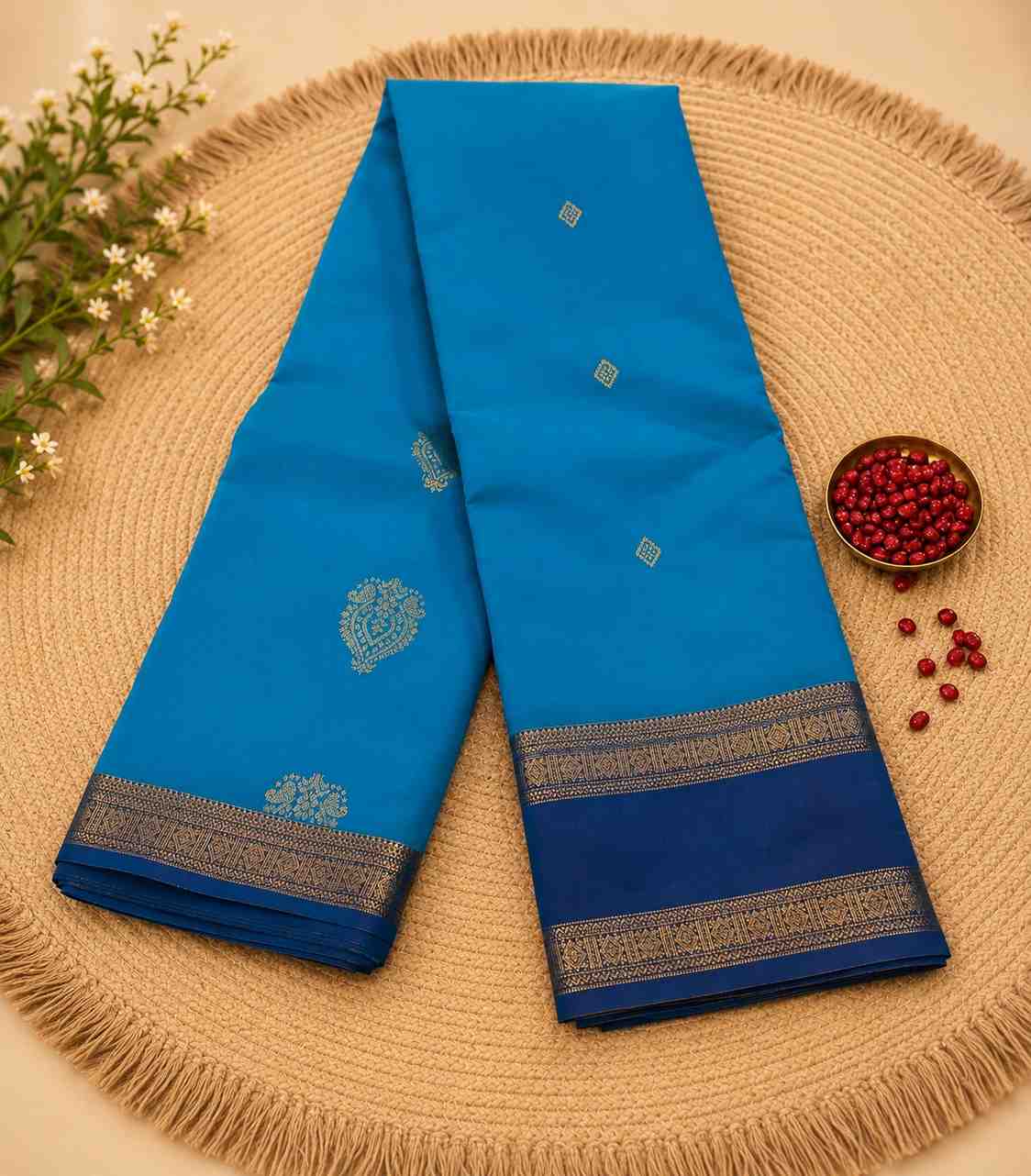 2213 Teal Blue Kanchipuram Semi Silk Saree with Navy Blue Contrast Zari Border