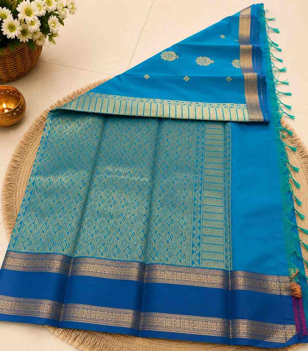 2213 Teal Blue Kanchipuram Semi Silk Saree with Navy Blue Contrast Zari Border